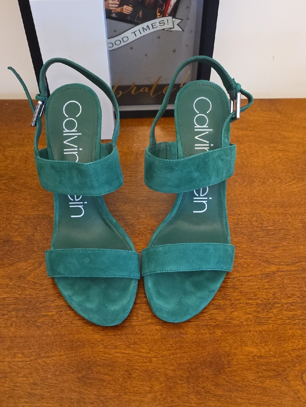 Calvin Klein Teal Green Suede Two-Strap Women's Sandals